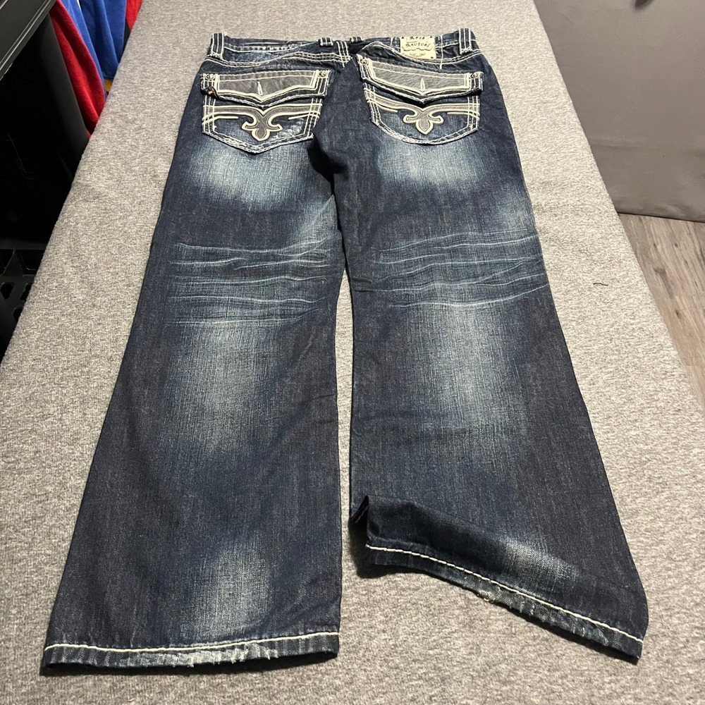Rock Revival Dino Relaxed Straight Jeans Mens 34 Dark Wash Thick Stitch Denim